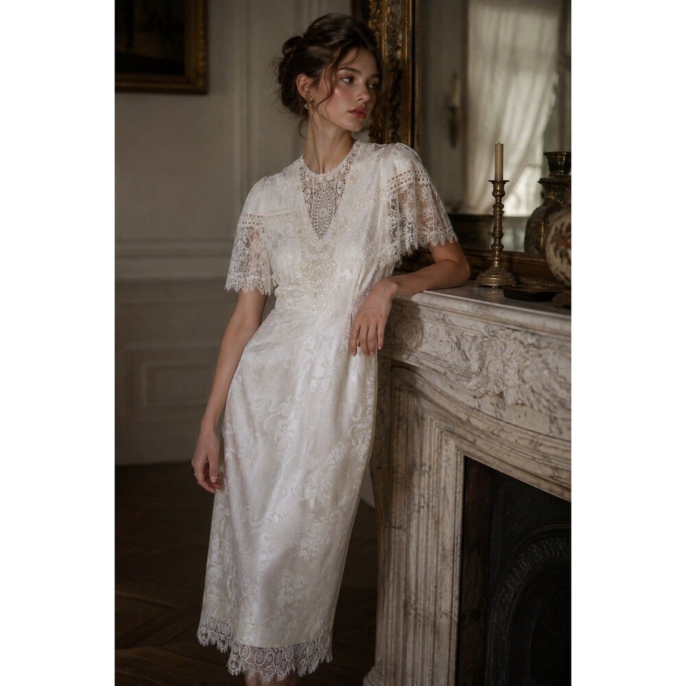 Vintage Jessica McClintock 1980s Silk Satin Lace Wedding Dress Ivory XS Bridal